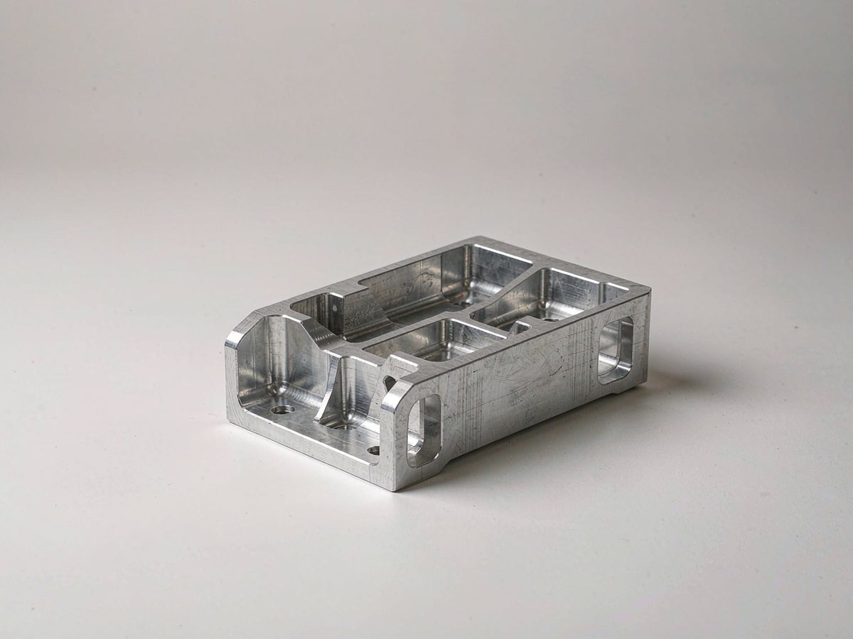Machined aluminium bracket with milled pockets and chamfered edges on a light grey background